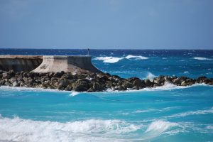 Caribbean waves crash on a beach in Aruba