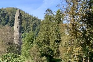 Photo of trees and a old tower at an Irish monastery